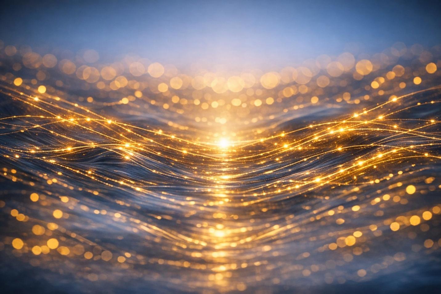 Golden particles flowing in waves over a blue surface.