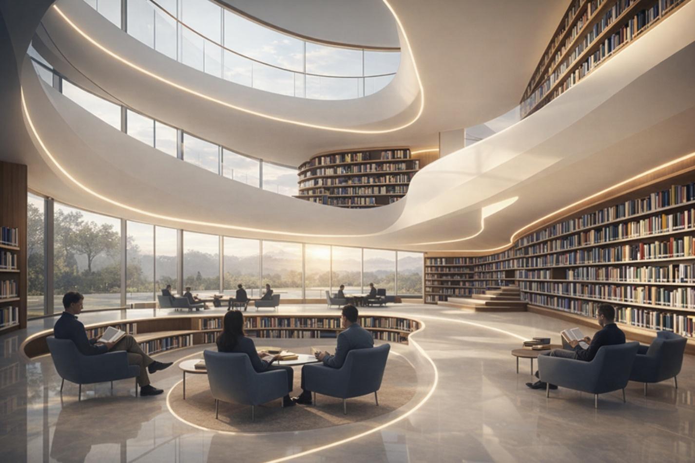 A warmly lit library interior.