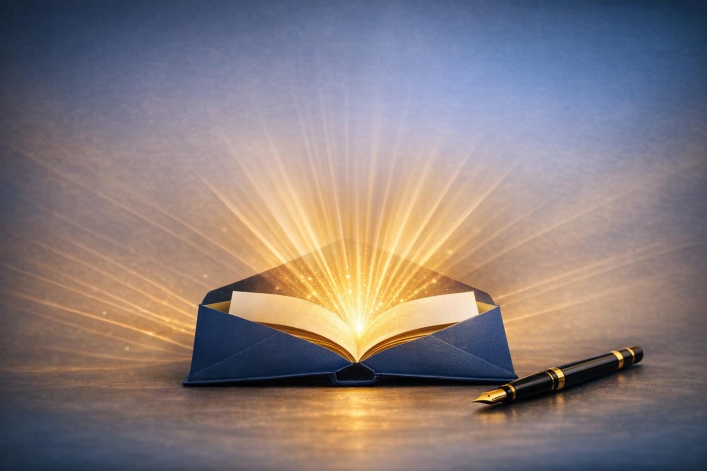 A blue envelope opening with golden light radiating from within.