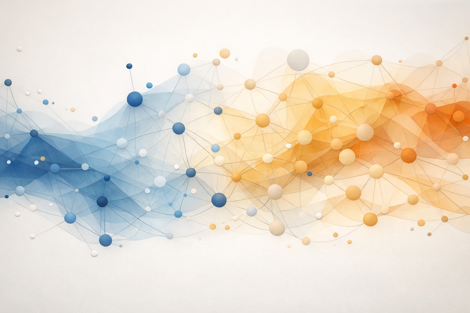 A watercolor network of blue and gold nodes connected by fine lines.